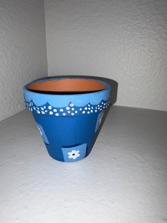Blue Flower Painted Terra Cotta Pot