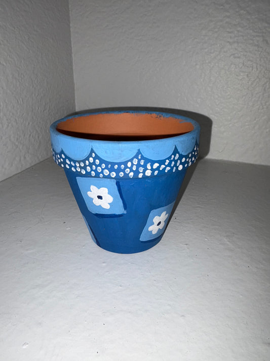 Blue Flower Painted Terra Cotta Pot