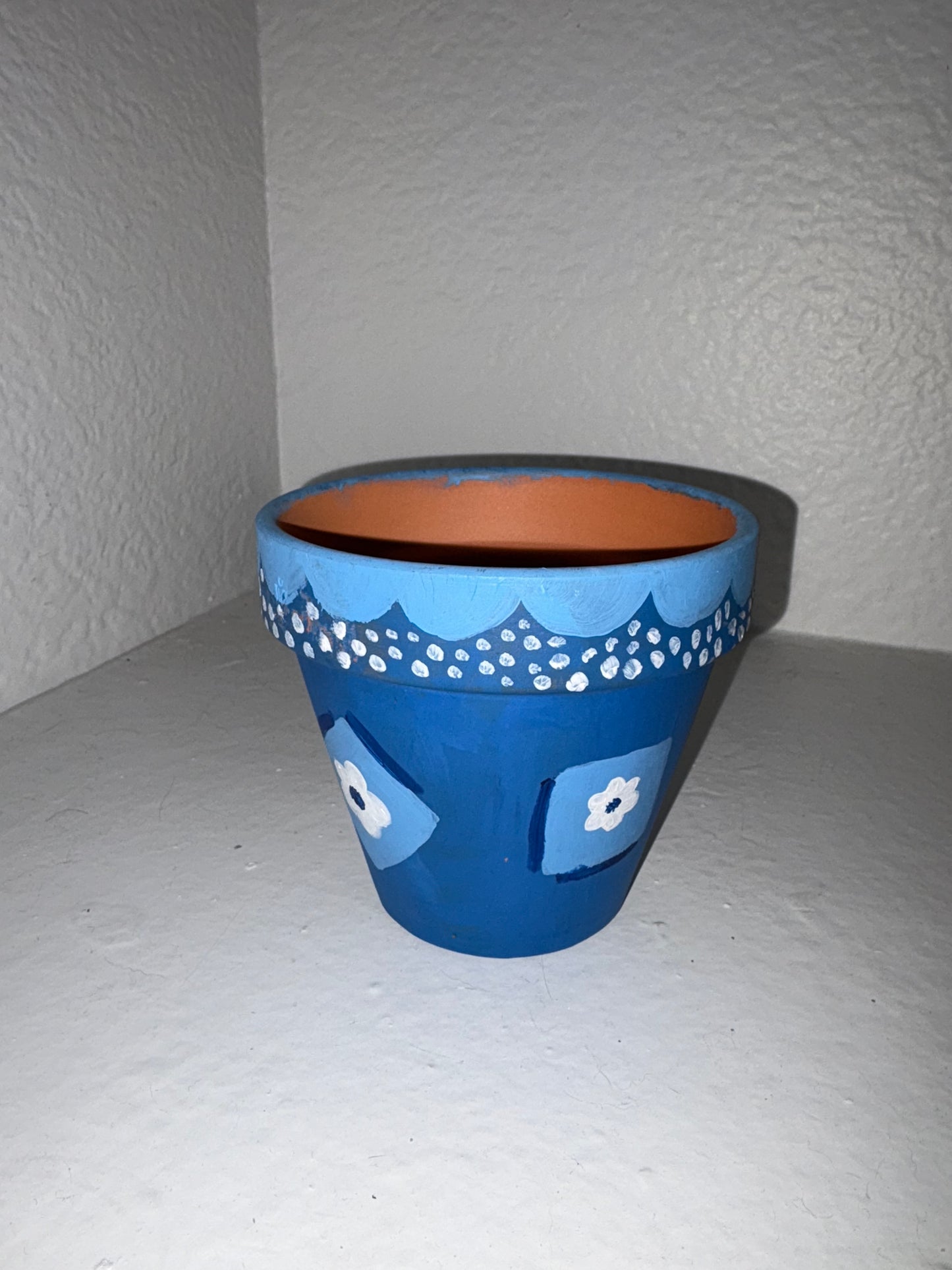 Blue Flower Painted Terra Cotta Pot