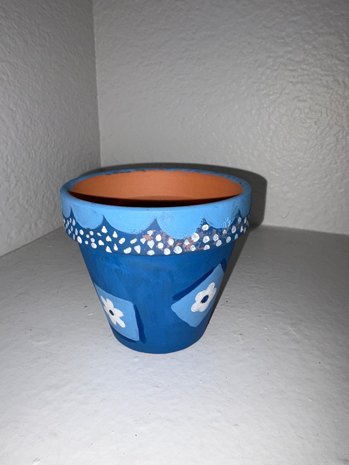 Blue Flower Painted Terra Cotta Pot